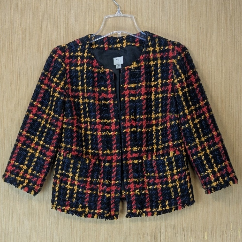 A New Day Preppy Old Money Tweed Plaid Blazer Jacket Size XS Frayed Fringe Trim